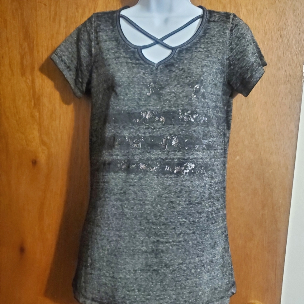 Women's Black Short Sleeve Top Burn Wash Graphic Tee